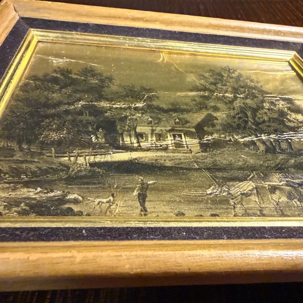 Vintage Currier & Ives Gold‎ Foil Etched Art Farmhouse Landscape Wood Frame 6x8